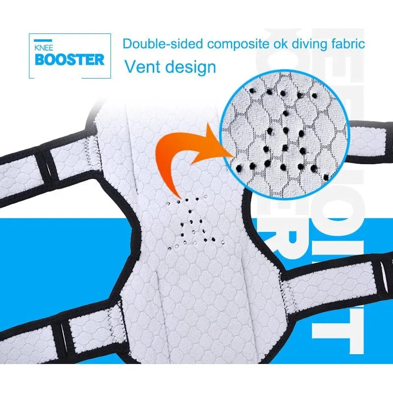 Knee brace with patella booster spring, adjustable length, breathable fabric, for mountaineering and sports support