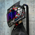 Dirty Braids motorcycle helmet with ABS shell and graphic design, full-face protection for adults