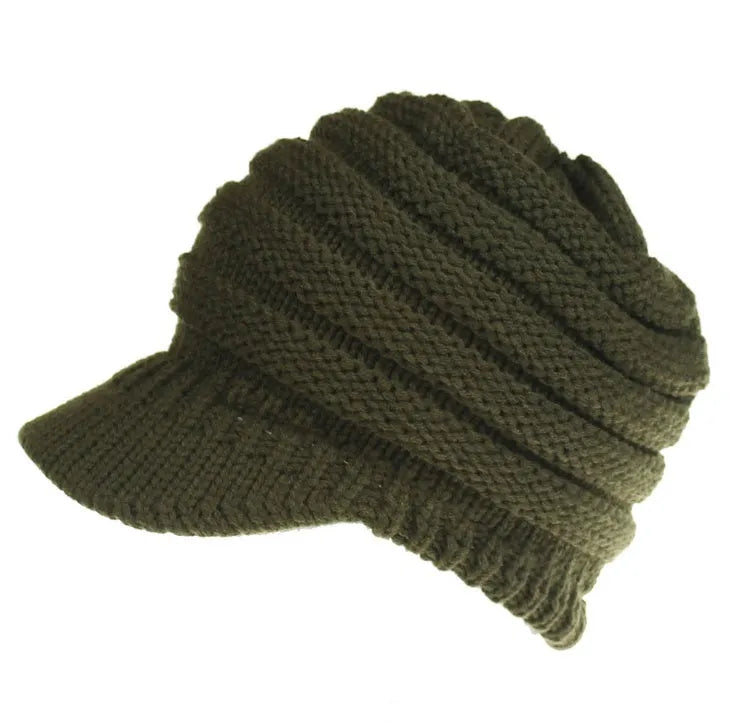 Women's soft acrylic knit ponytail beanie hat in assorted colours on a white background