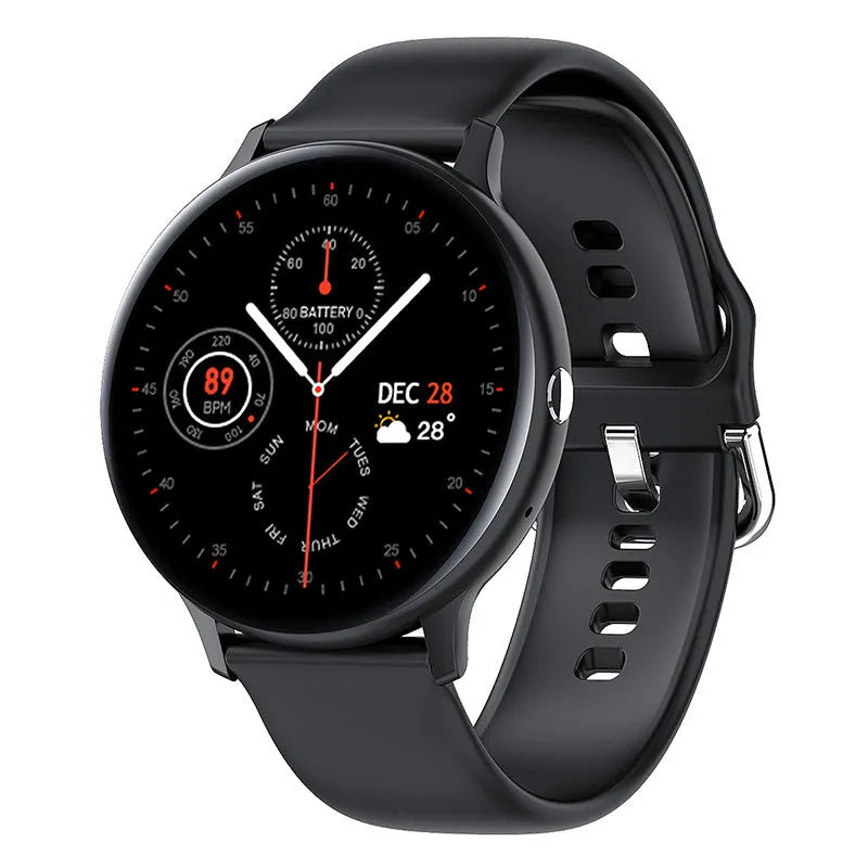 Smart bracelet watch with touch screen displaying heart rate, worn on wrist with black strap.