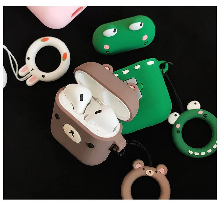 Cartoon earphone box with cute animal cover in brown, green, pink, or white colour options