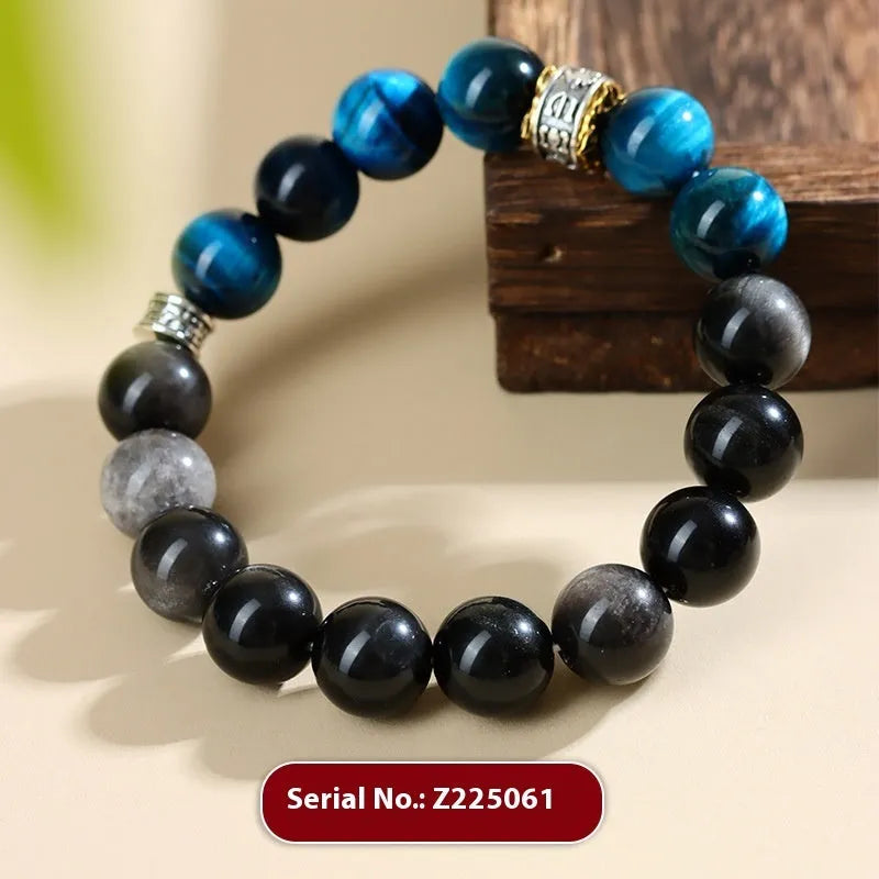 Handmade peacock blue Tigereye stone bracelet with geometric round design and adjustable wristband