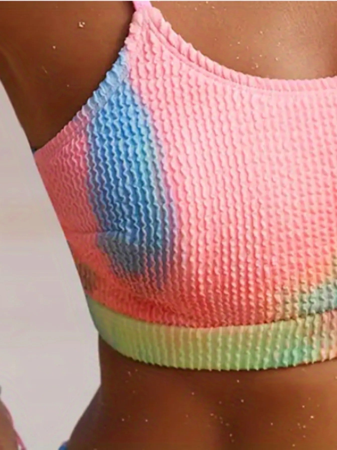 Women's tie-dye pleated split bikini swimwear in gradient colours with high elasticity polyester construction