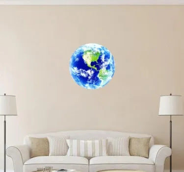 Glow in the dark 3D Earth wall sticker with self-adhesive backing, showing luminous effect in darkness