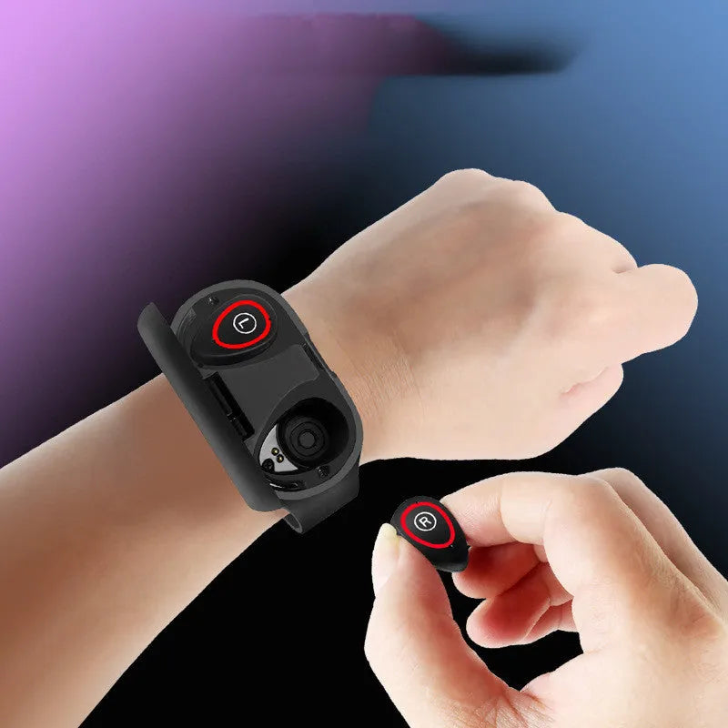 Smart bracelet earphone combo with 1-inch screen and silicone wristband in blue, black, or red colours