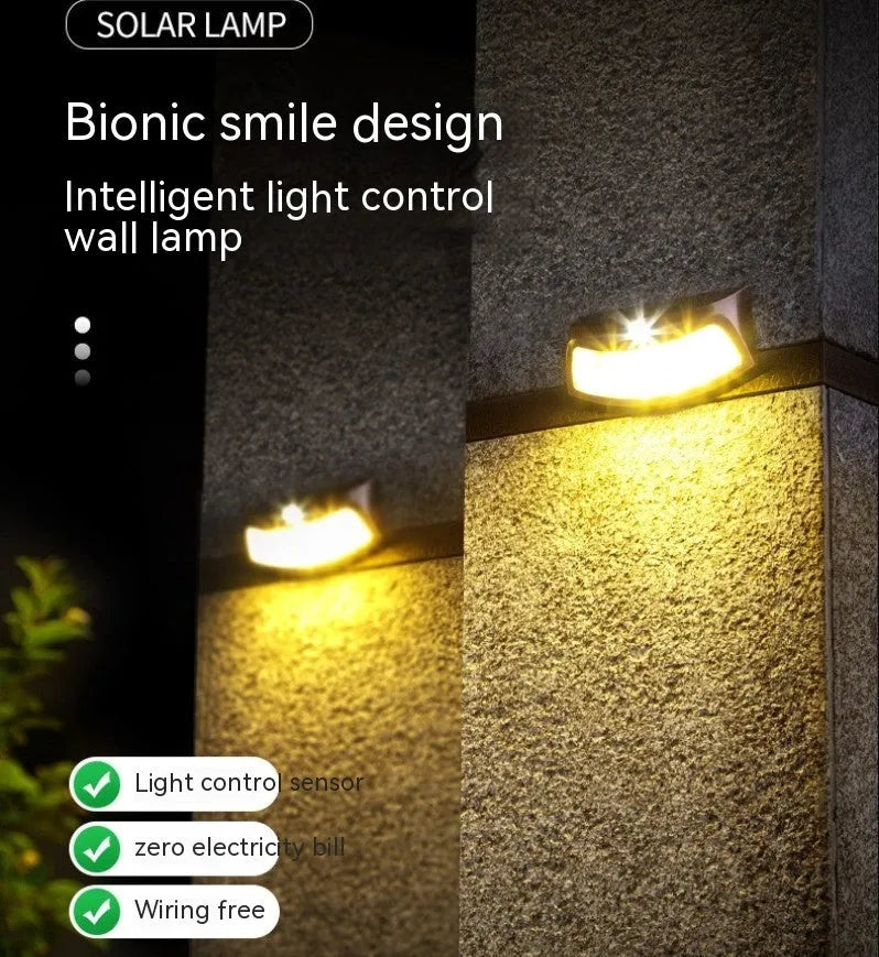 Solar outdoor wall lamp with smiling face design, 153x76x38mm dimensions, IP65 waterproof rating