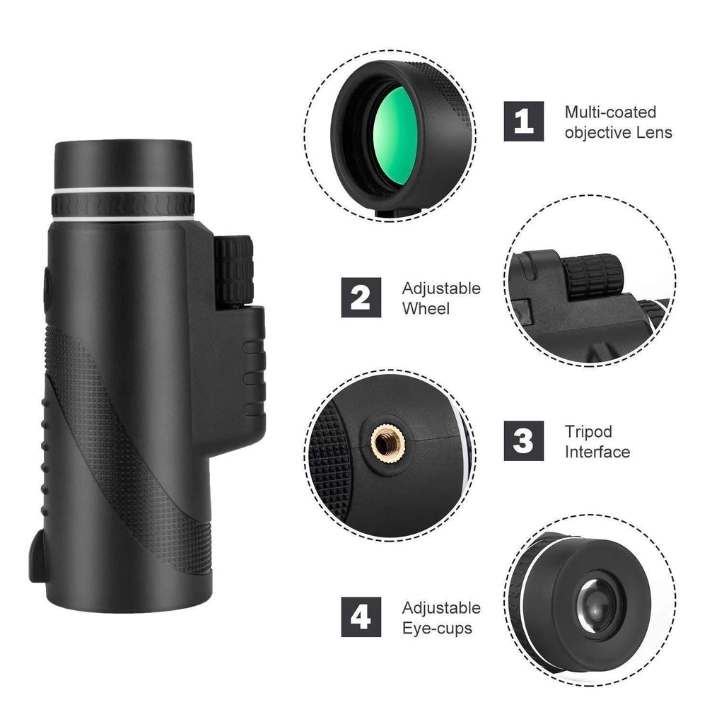 Black HD 40x60 cellphone telescope with 60mm lens, 40x magnification, and waterproof design for outdoor use