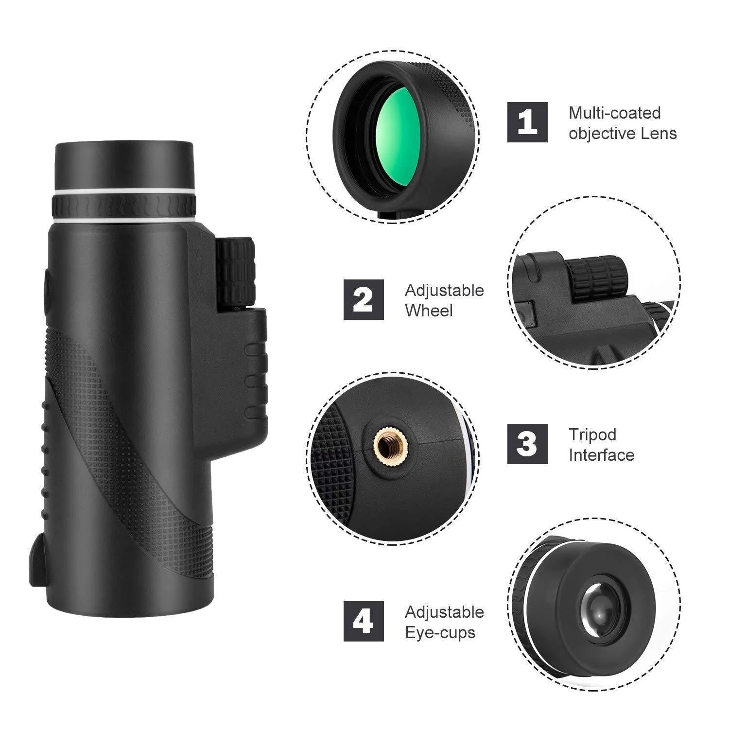 Black HD 40x60 cellphone telescope with 60mm lens, 40x magnification, and waterproof design for outdoor use
