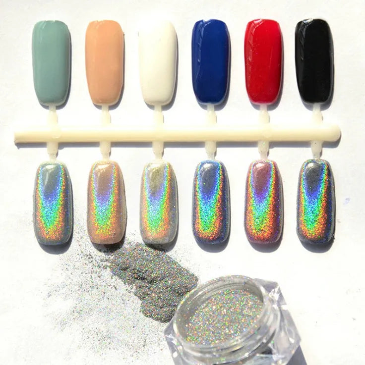 Silver nail rainbow powder laser mirror powder for UV gel nails with eyeshadow stick application and UV top coat sealing