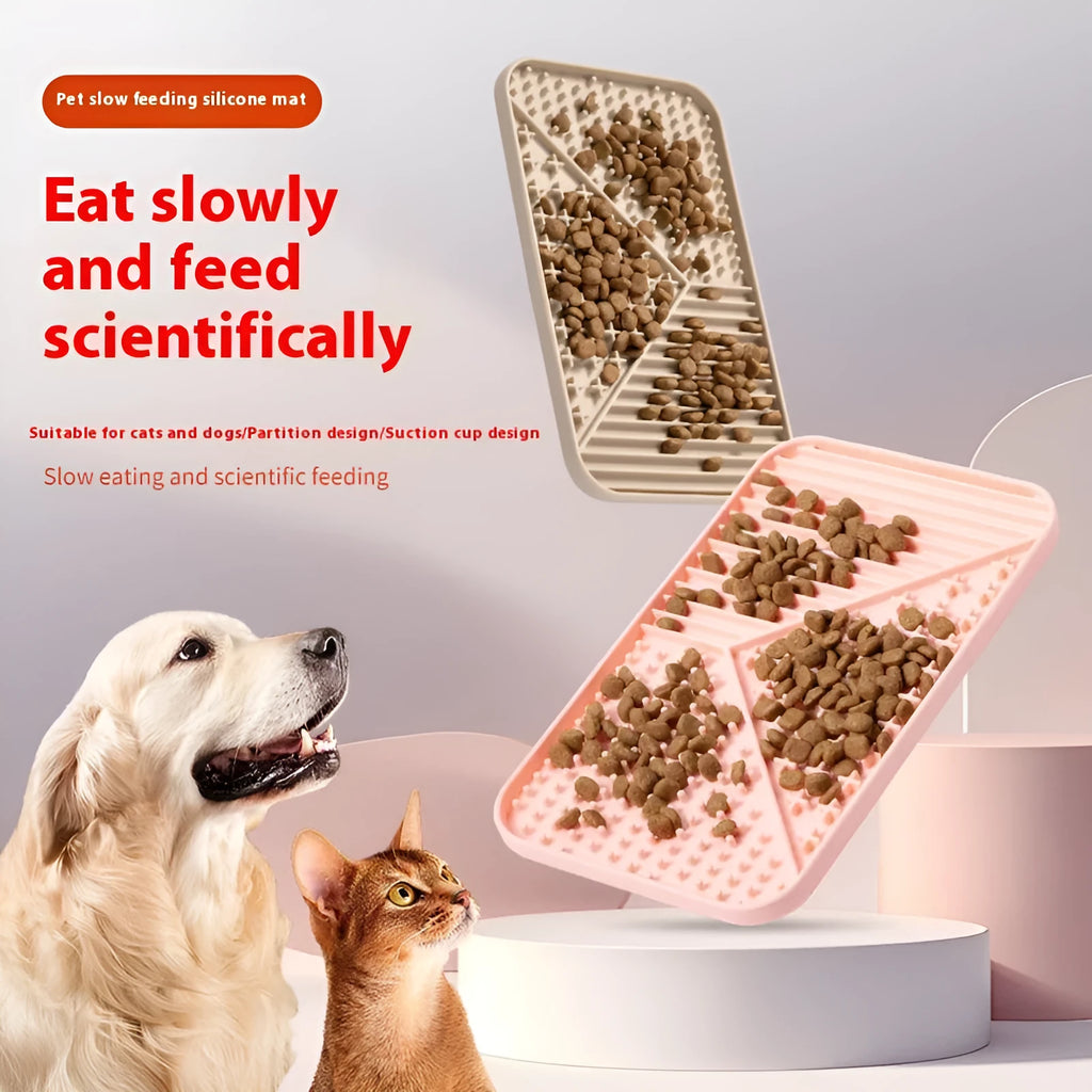 Grey silicone pet licking mat with textured surface and a white suction cup on the back.