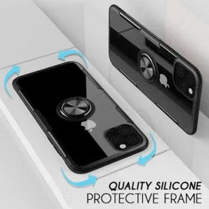 iPhone phone case with car holder arm in navy blue, showing 360-degree rotation and button access