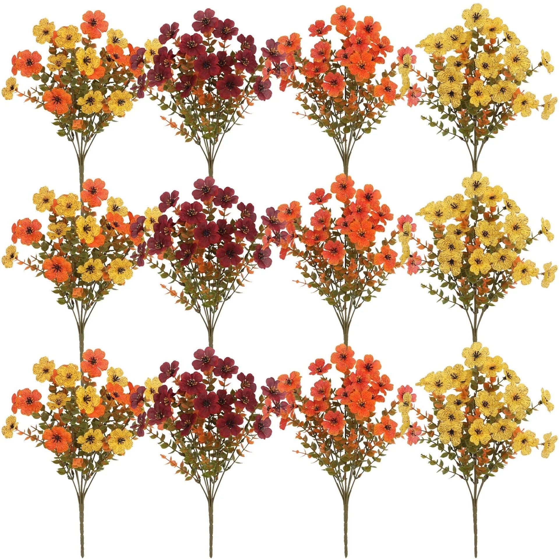 Artificial flower bouquet in autumn colours of red, yellow, and orange for home and event decoration.