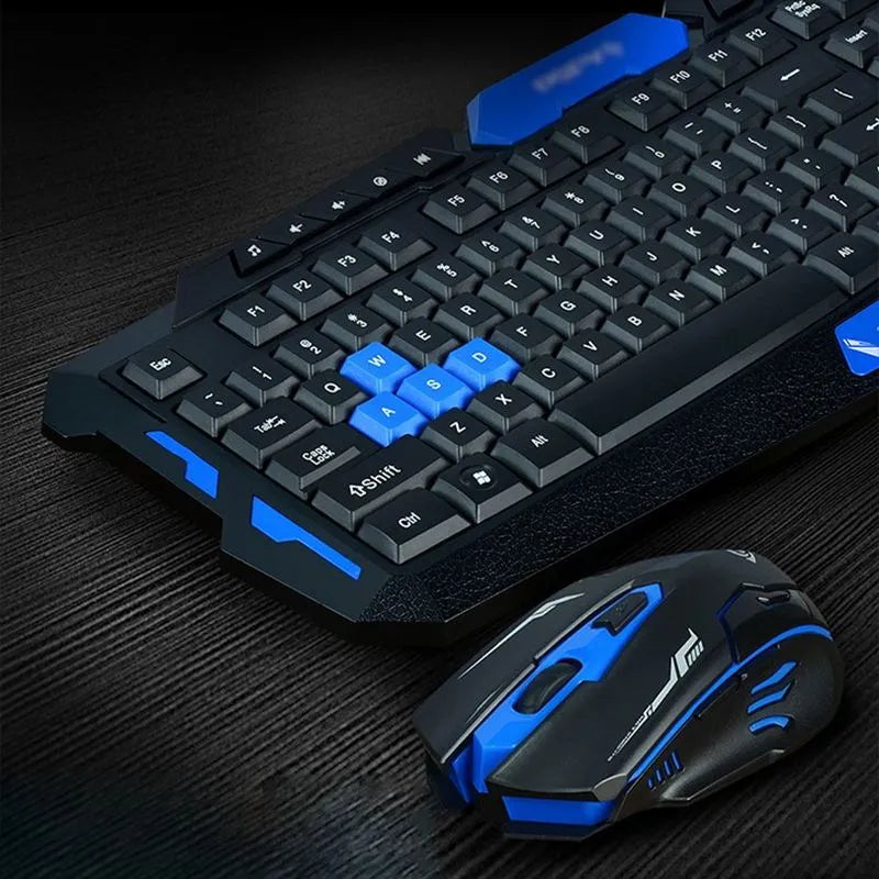 Black and blue wireless keyboard and mouse set with ergonomic design showing dimensions