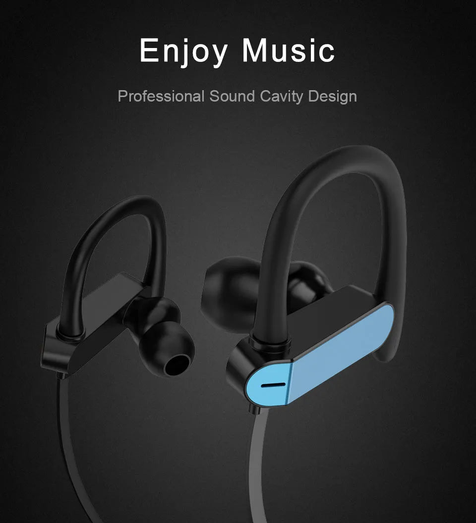 Sport running earhook earbuds with microphone in black blue, black gray, white gold, and white silver colours.