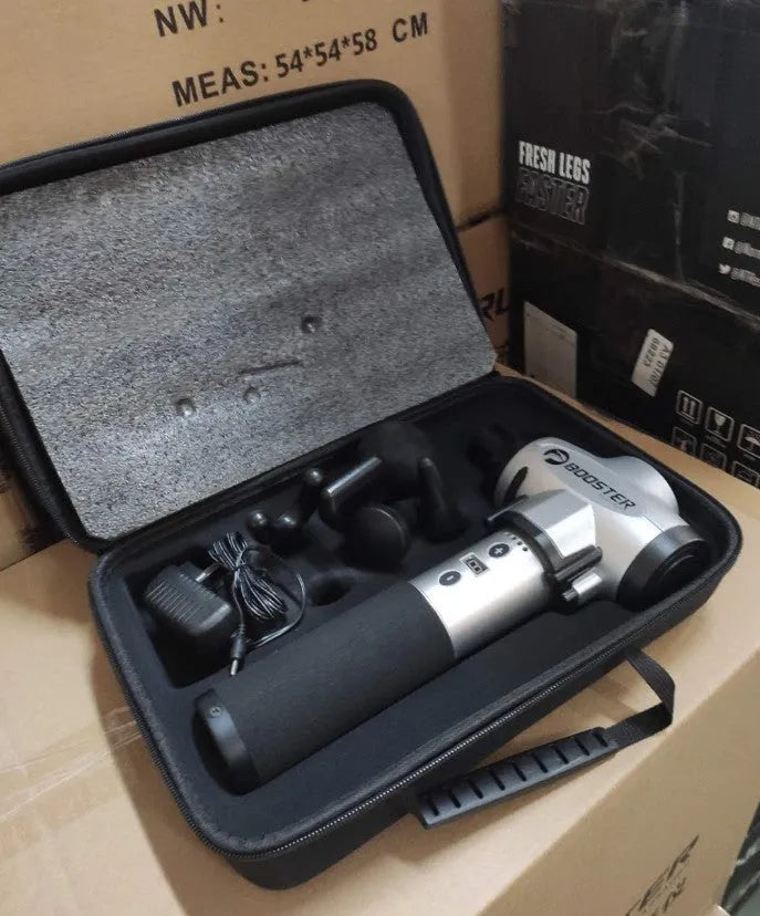 Black and white muscle relaxation massager with 12mm stroke depth and adjustable speed control