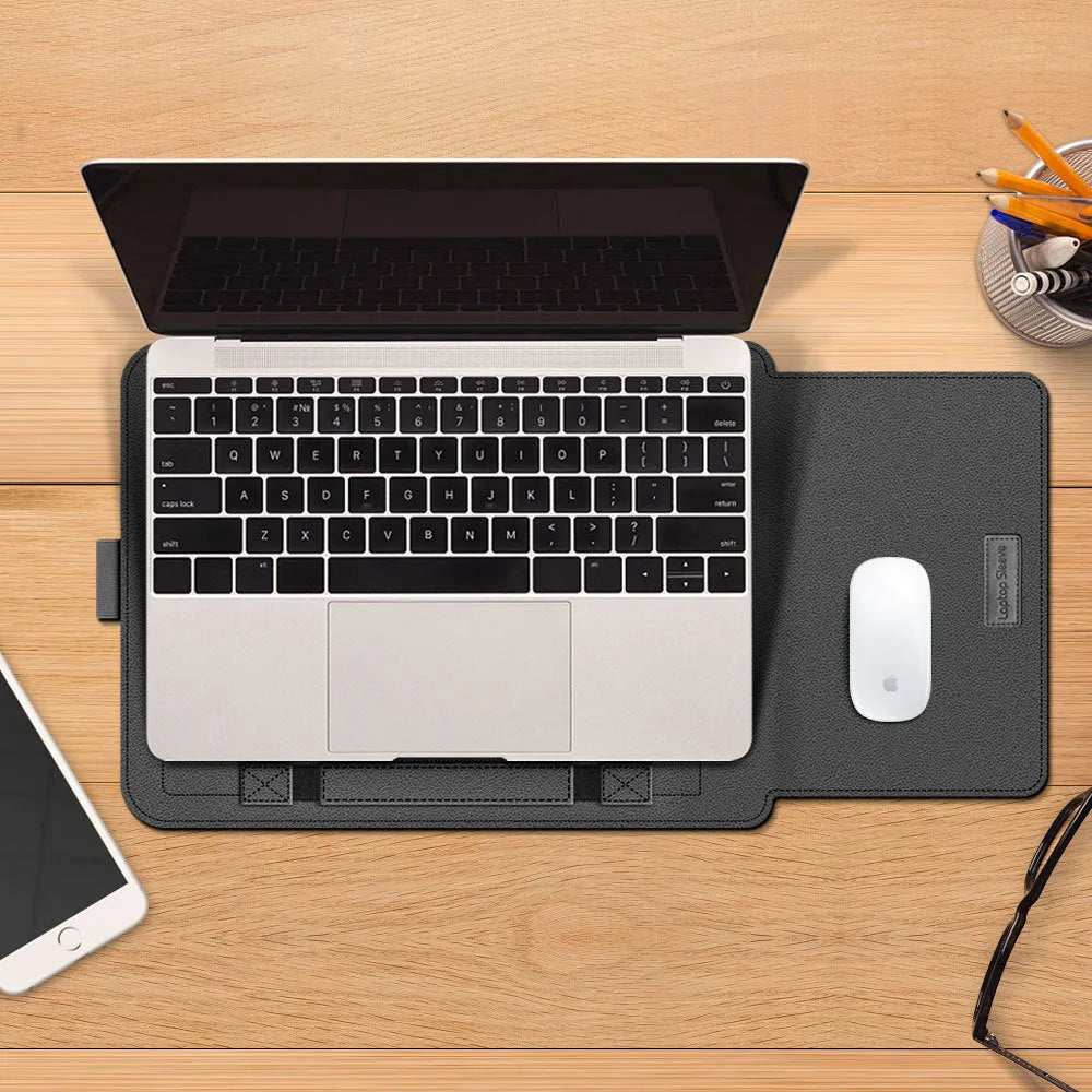 Universal PU leather and TPU laptop sleeve for 11, 12, 13, and 15 inch laptops in green, black, brown, red, grey, and navy blue.