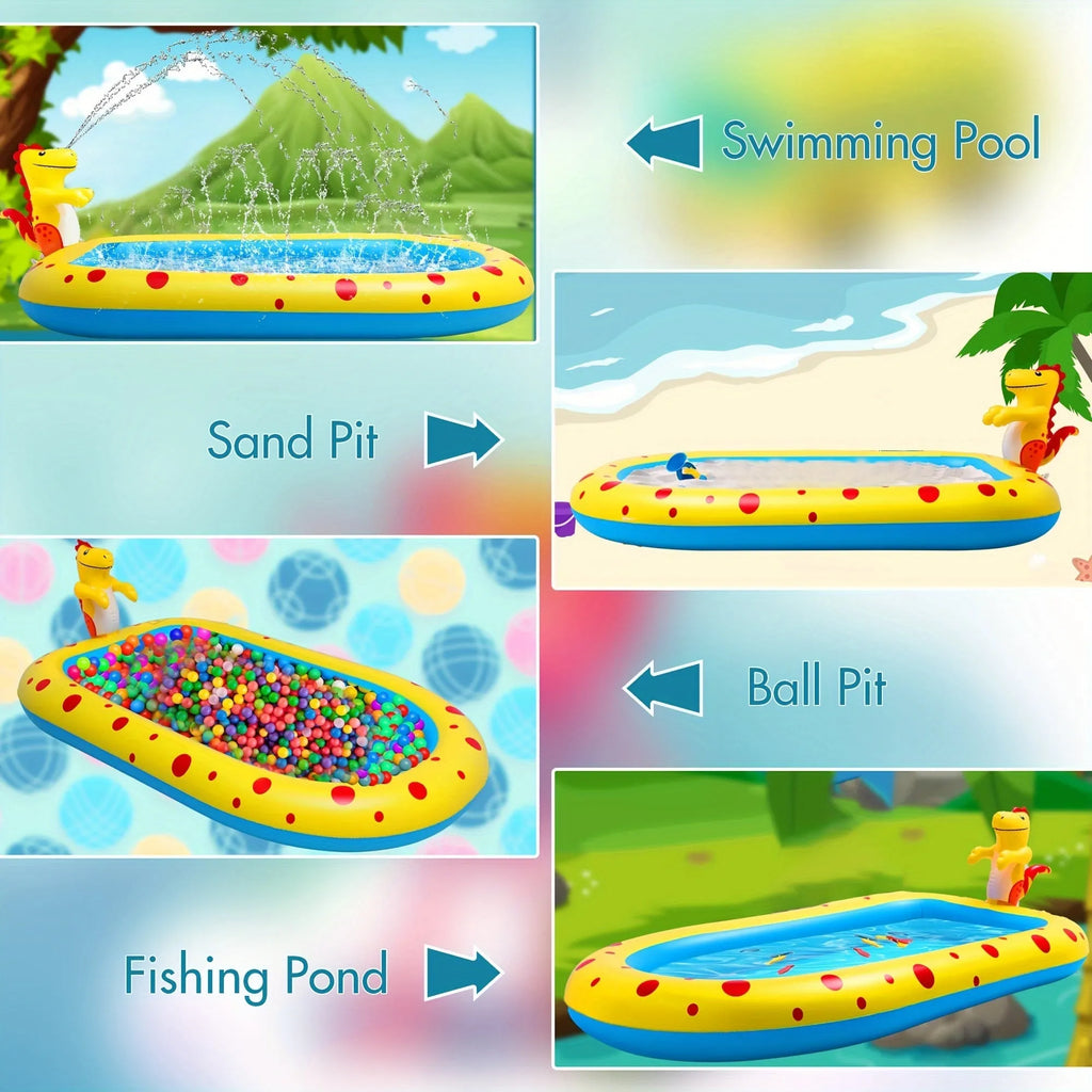 Blue dinosaur-themed inflatable water spray pool for kids in a garden