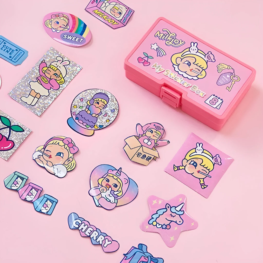 Set of 16 square Korean-style cute cartoon PVC stickers inside a transparent storage box.