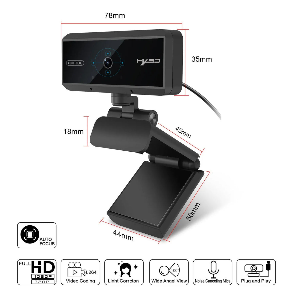 Black USB 2.0 computer video camera with 5MP CMOS sensor, autofocus, 2592x1944 max resolution, 1.7m cable, for Windows desktops.