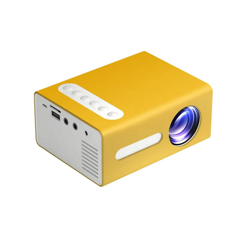 Mini LED projector with HDMI USB AV ports, 320x240 resolution, 25 ANSI lumens, black blue yellow colours