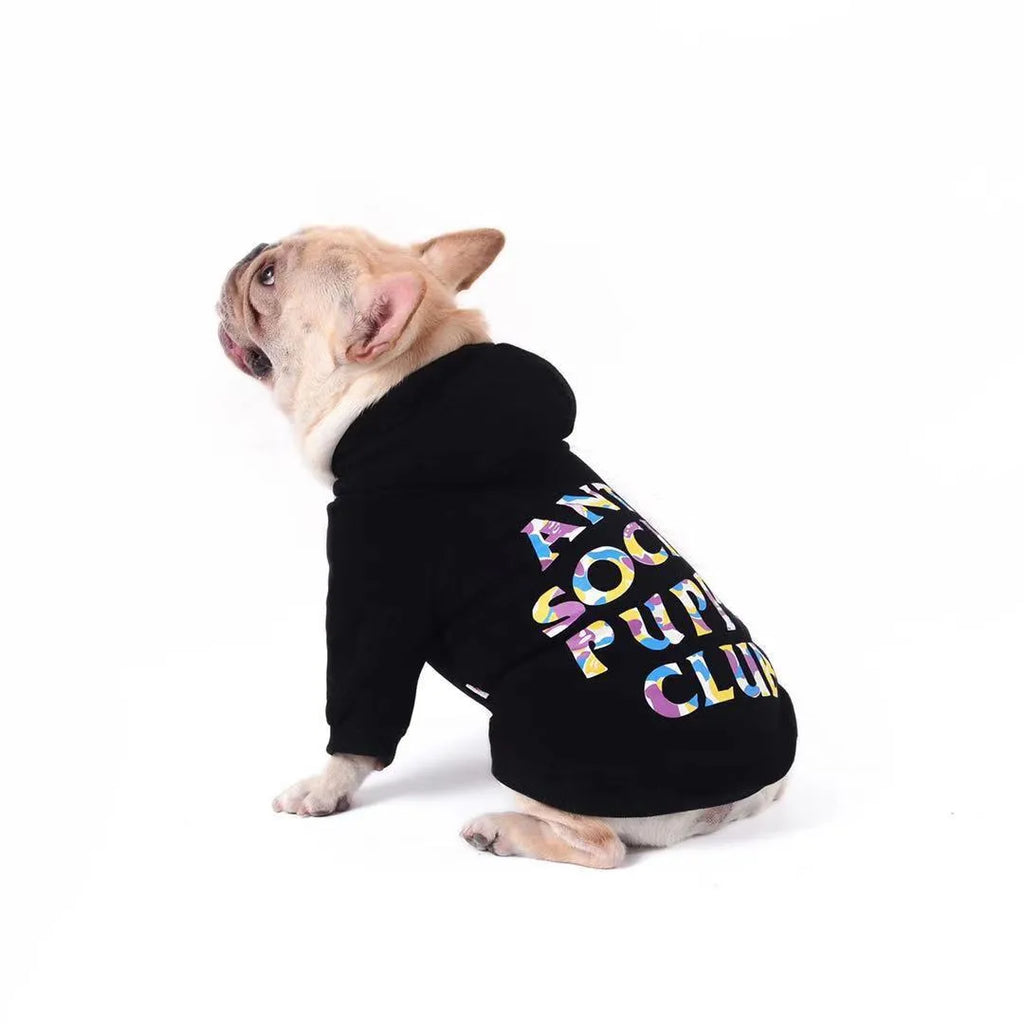 Plush hooded cotton pet dog sweater in black or white, sizes XS to XXL and FB