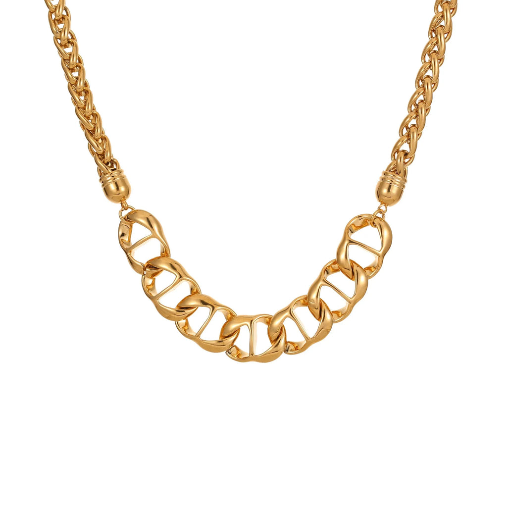 Stainless steel geometric necklace for women, shown in gold-plated and steel finish options.