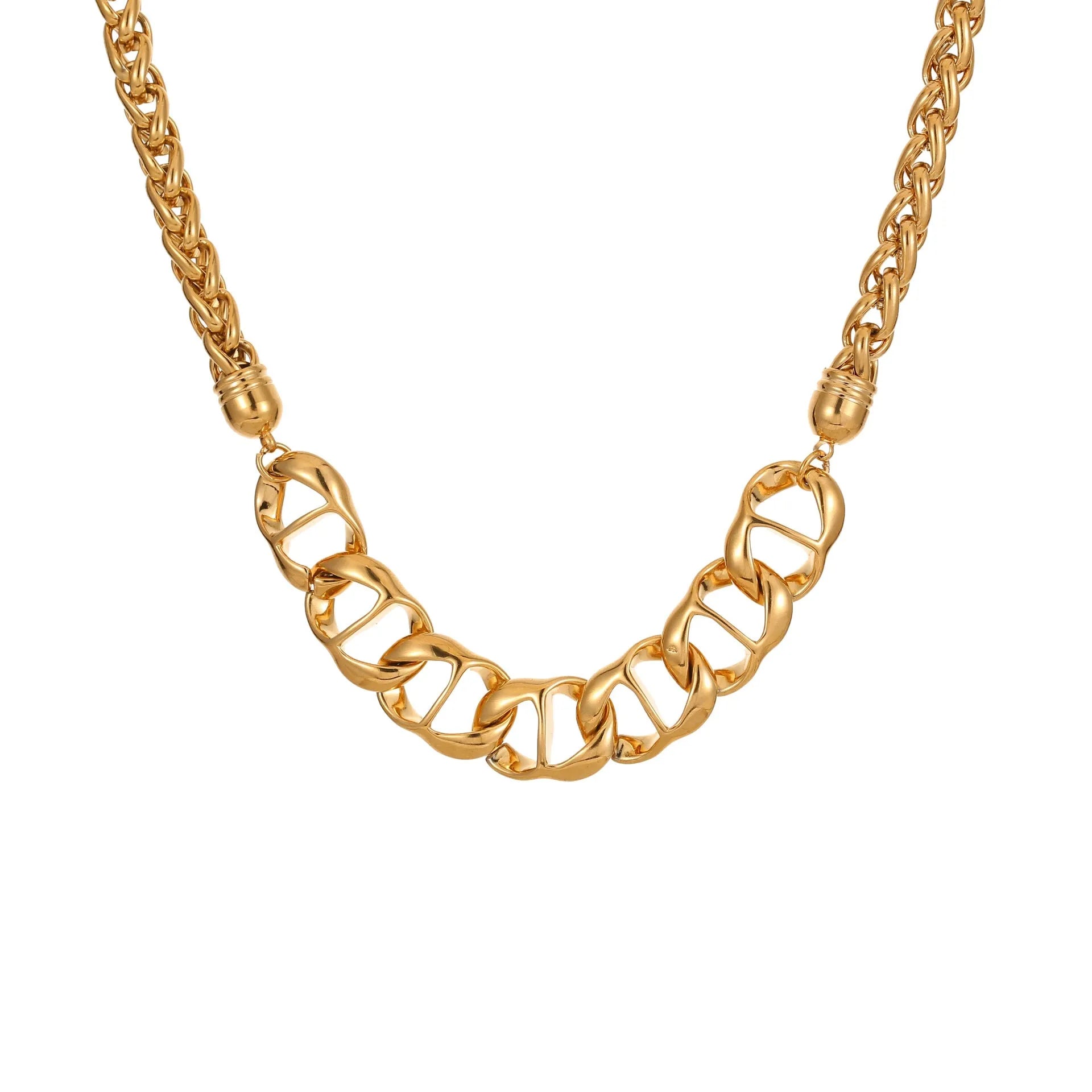 Stainless steel geometric necklace for women, shown in gold-plated and steel finish options.