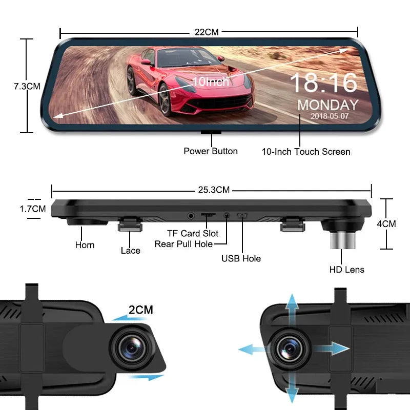 10-inch touchscreen car dashboard camera with front and rear dual-lens 1080p recording system