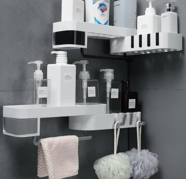 White grey retro European style corner bathroom shelf with suction cup wall mounting