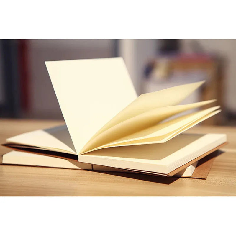 Brown kraft paper sketchbook and white paper sketchbook in 16K and 32K sizes, showing flat wireless binding.
