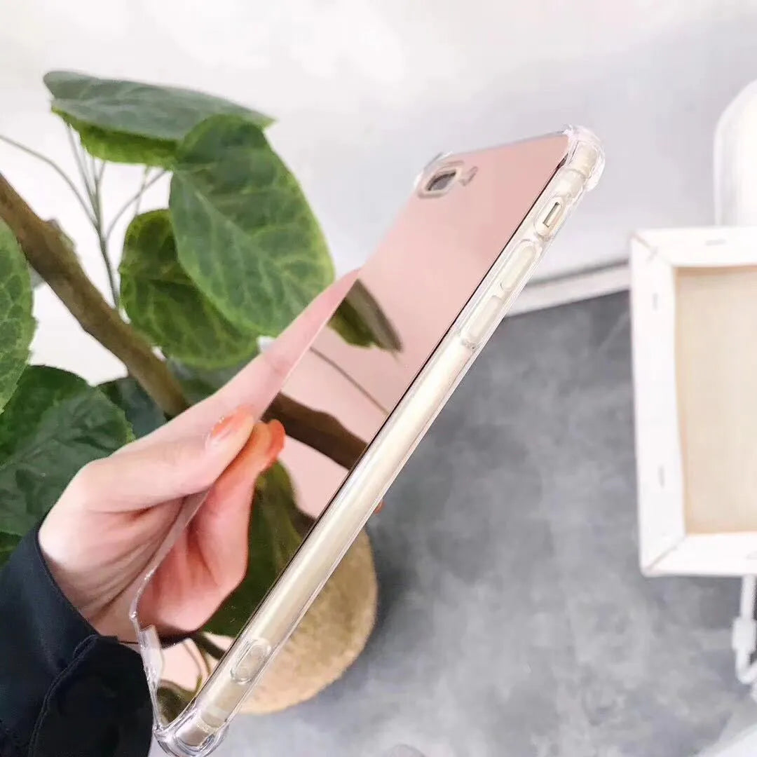 Mirror Phone Case in TPU material for iPhone protection, shown in multiple colours including black, blue, gold, rose gold, silver, and transparent.