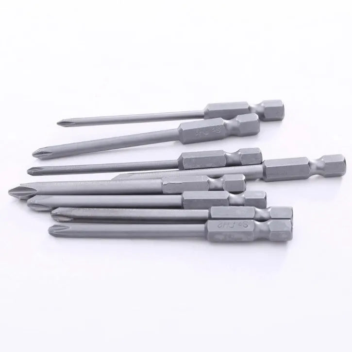 Set of eight 75mm long magnetic cross head screwdriver bits with hex shanks