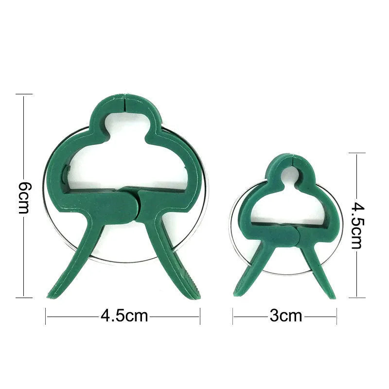 Green plant fixing clips holding tomato vine to support stake without damaging stem