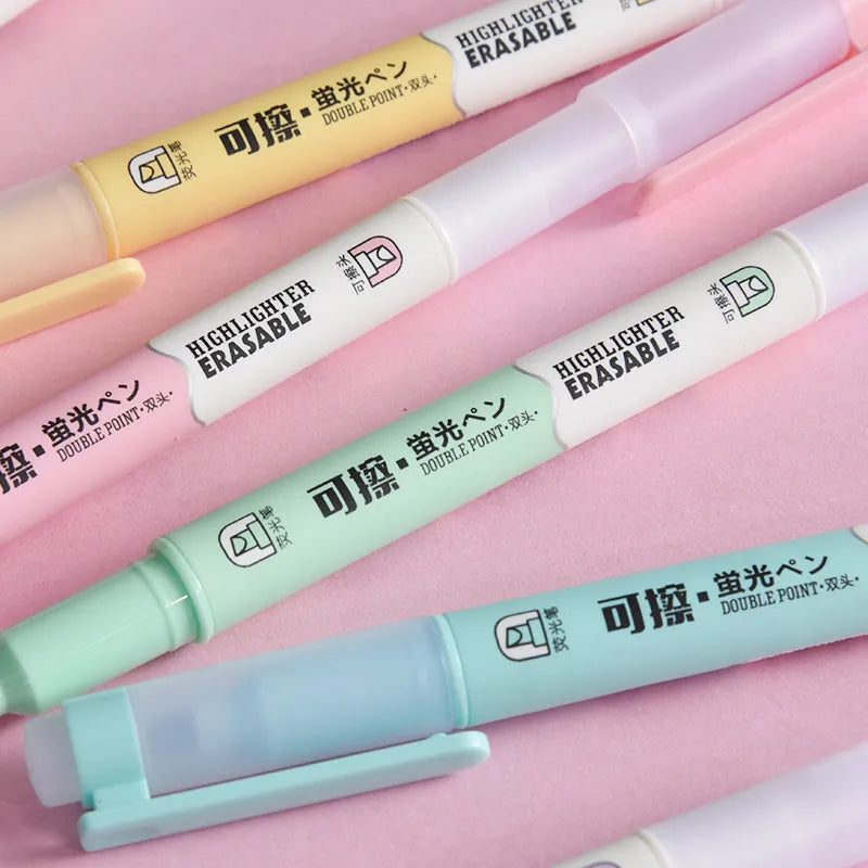 Double-headed fluorescent marker pen set with six colours in plastic shells