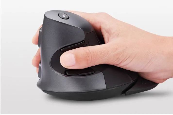 M 618 wireless vertical mouse in black showing 57-degree angle design with three buttons and scroll wheel