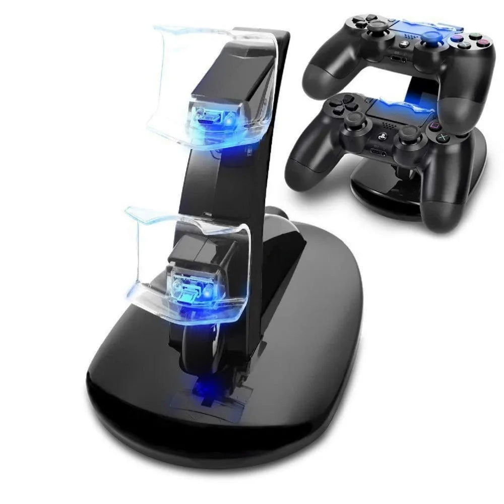 Black dual charging stand holding two Xbox One gamepad controllers.