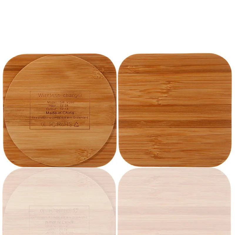 Square wooden bamboo wireless charger measuring 92mm by 92mm by 8mm with Qi certification