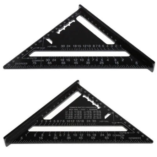 Black aluminium triangle ruler square showing 90 and 45 degree angles with metric and imperial scale markings.