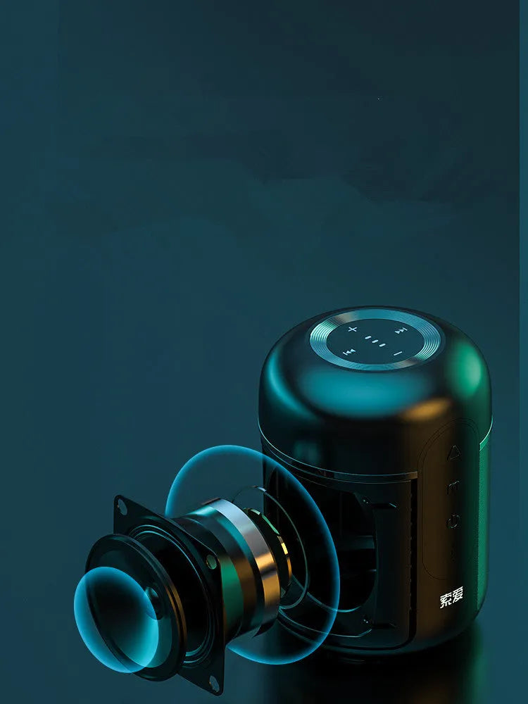 Black wireless portable Bluetooth speaker with 30W output, 1500mAh battery, measuring 72mm by 99mm