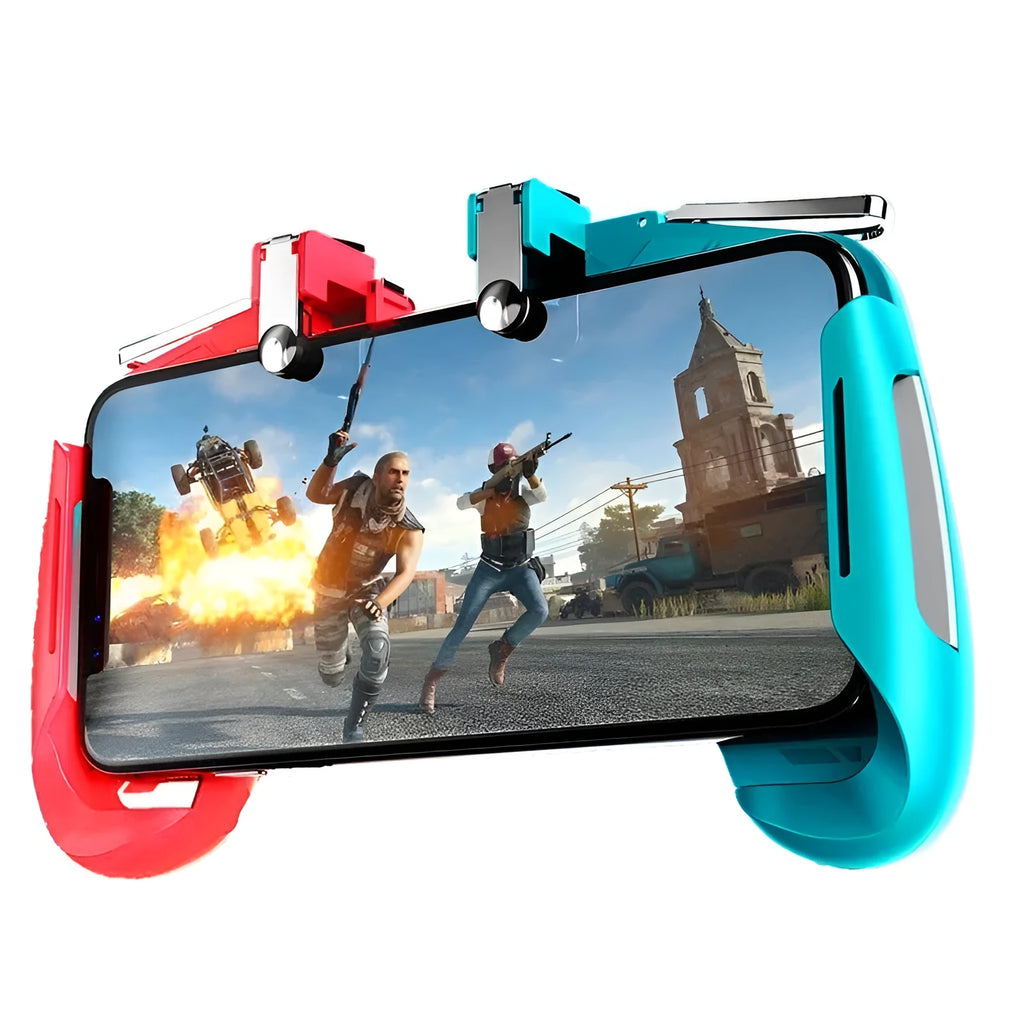 Black telescopic mobile game controller handle holding a smartphone with rubber grips visible.