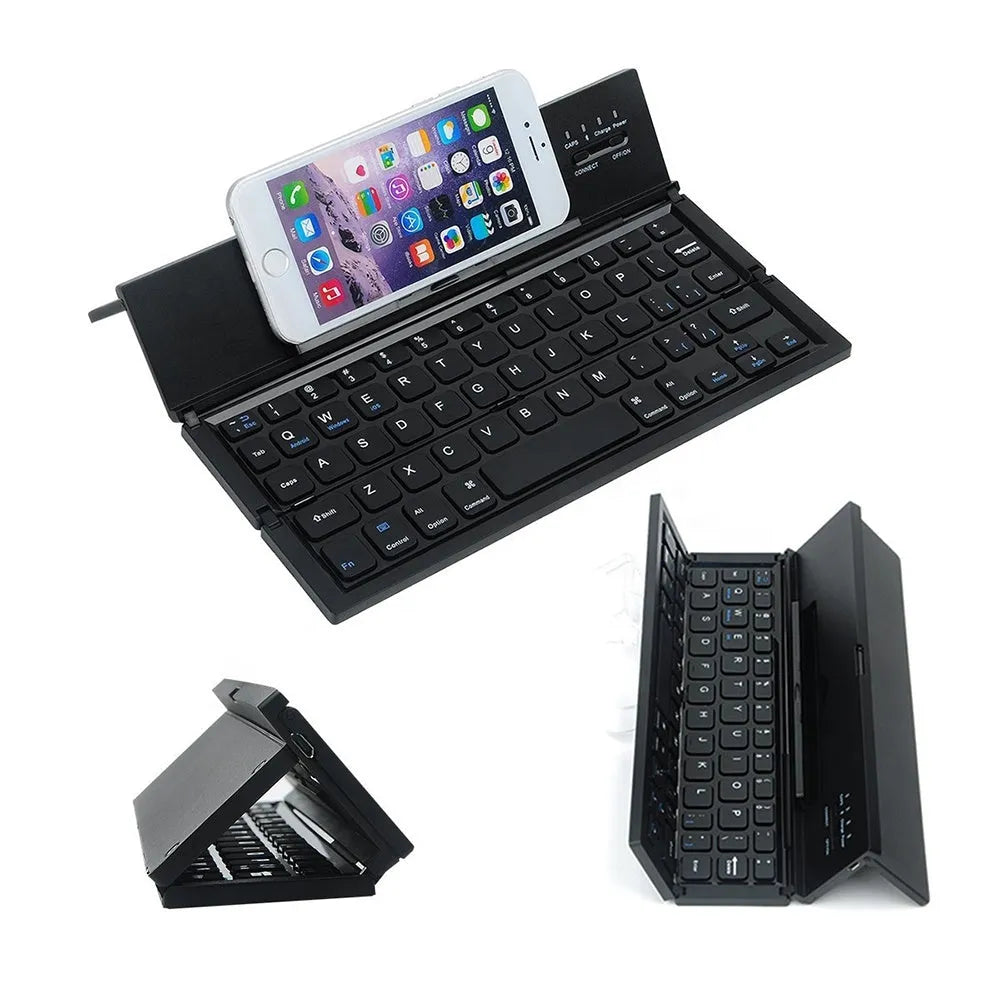 Mini folding ultra-thin wireless Bluetooth keyboard in black or white for tablets and smartphones.
