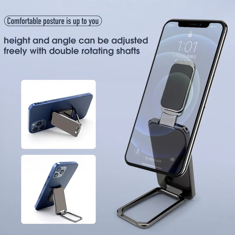 Foldable mobile phone holder with retractable ring buckle in zinc alloy, showing adjustable angle for devices