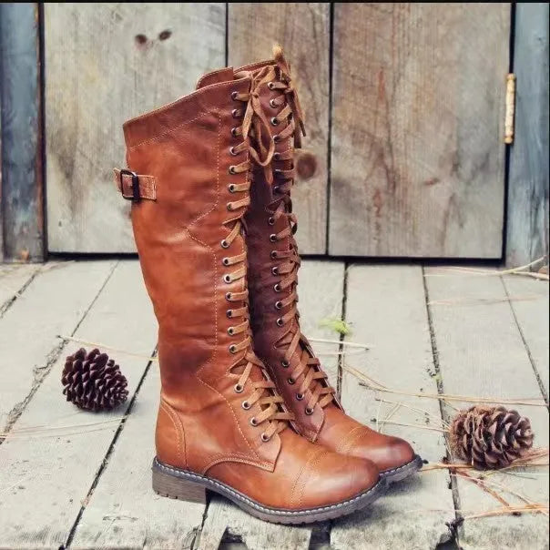 Chunky heel high leg boots in black, wine red, or brown with round toe and 1-3cm low heel