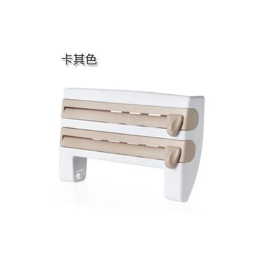 White wall-mounted 4-in-1 kitchen roll holder dispenser for cling film, foil, and paper towels