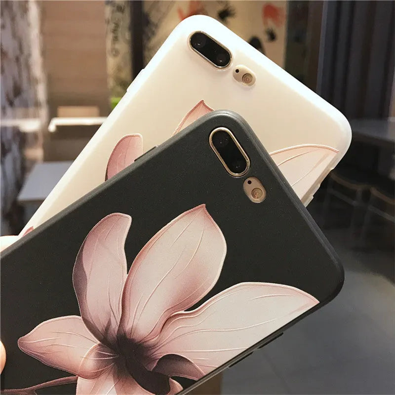 Embossed floral pattern TPU phone case for iPhone in black and white colour options