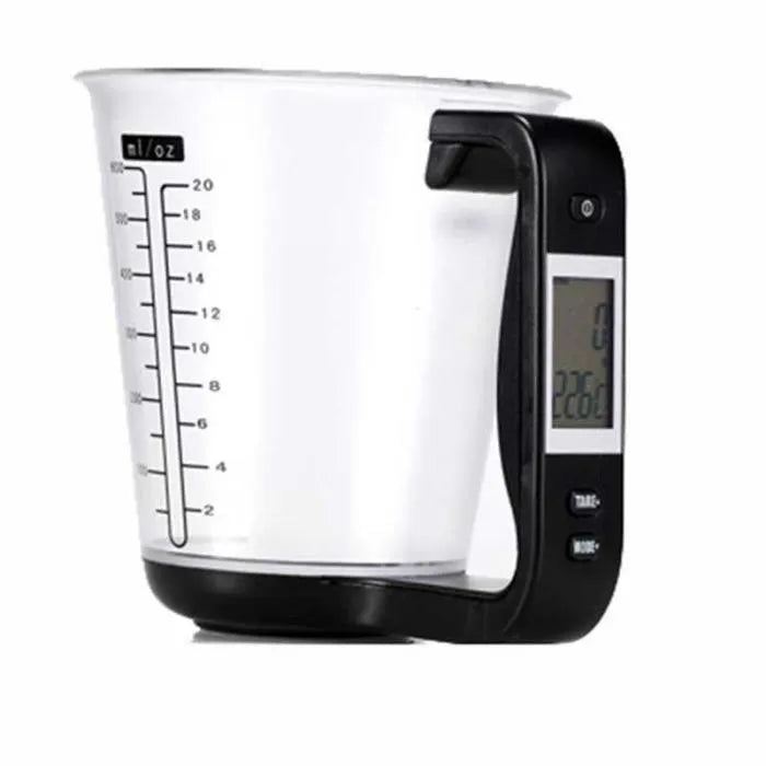 Green electronic scale measuring cup with integrated LCD display showing weight and temperature readings