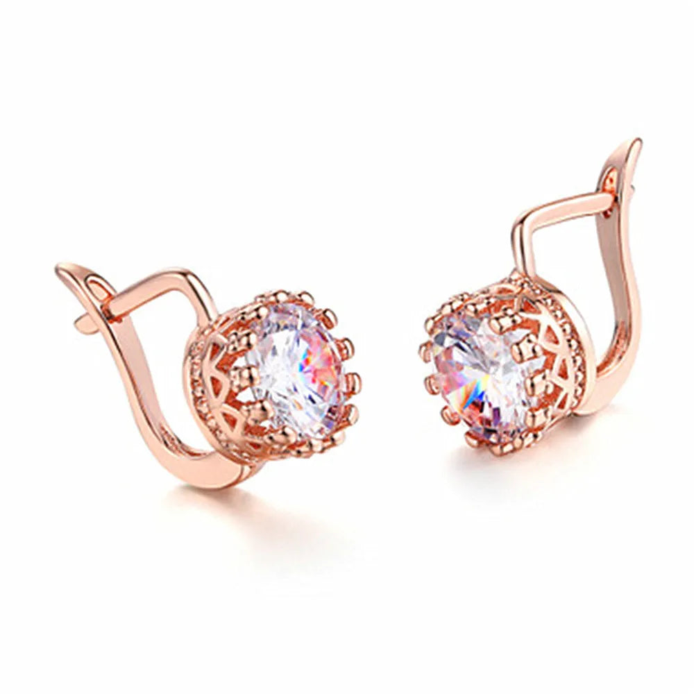 Korean retro crown earrings with adjustable copper clip and white diamond accents