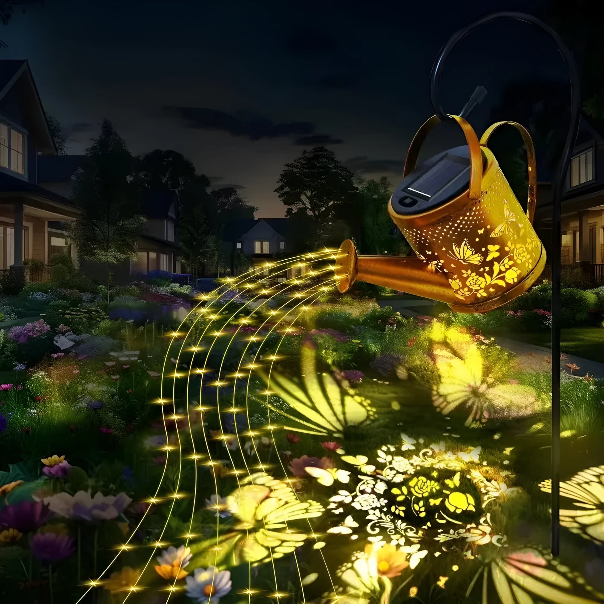 Butterfly decorative solar kettle light with wrought iron construction for outdoor courtyard lighting