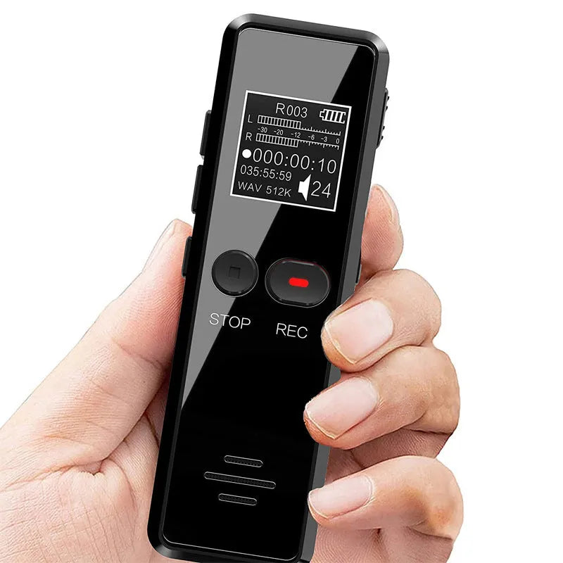 Black zinc alloy USB flash drive voice recorder and MP3 player shown next to its USB cable.