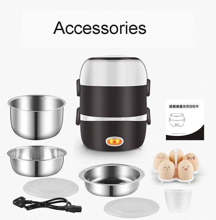 White plastic lunch box with multiple layers showing USB power port and heating function indicator